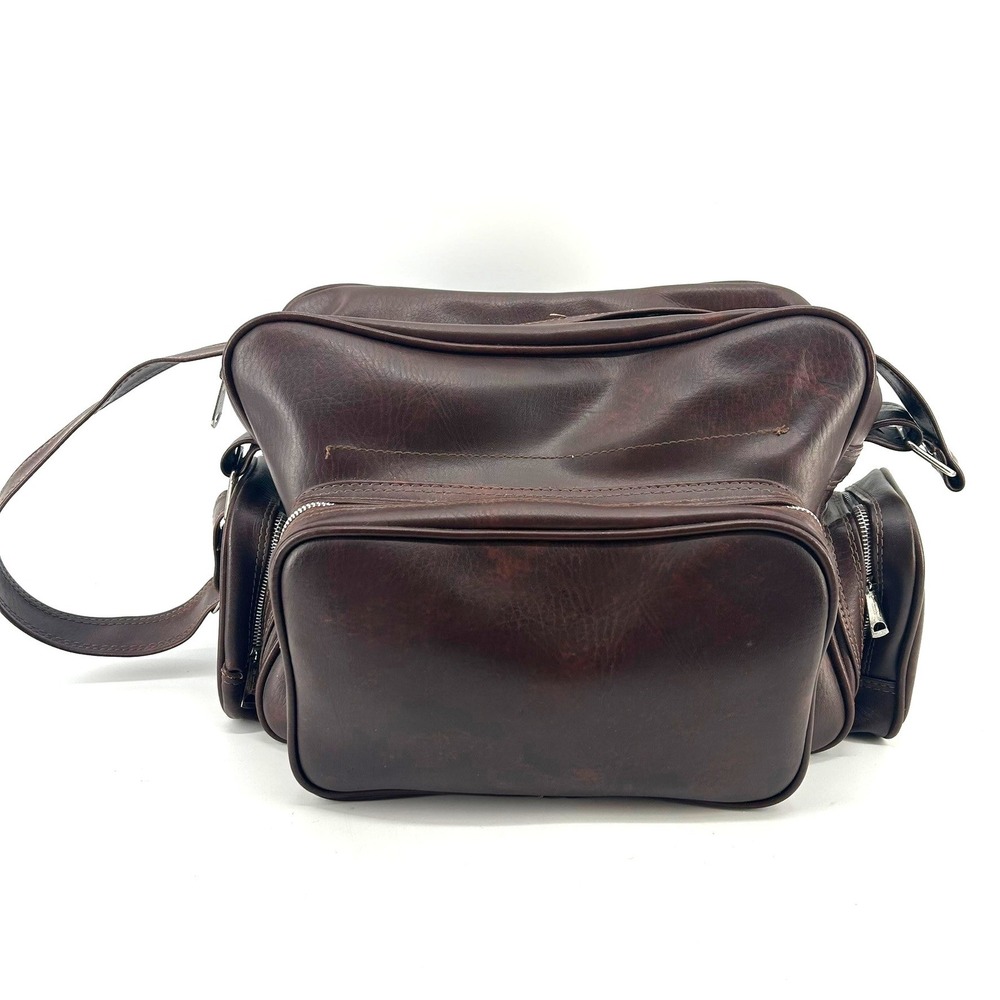 Vintage Dark Brown Faux Leather Multi-Pocket SLR Camera Bag Travel Utility